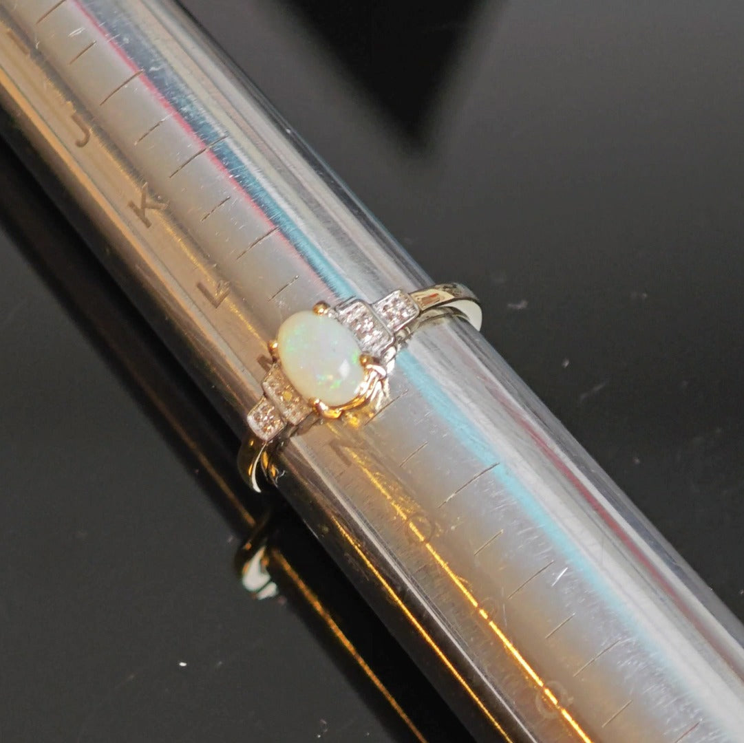 9ct Opal Ring Size M.5 Diamond Yellow Gold 0.33ct White Oval Gemstone