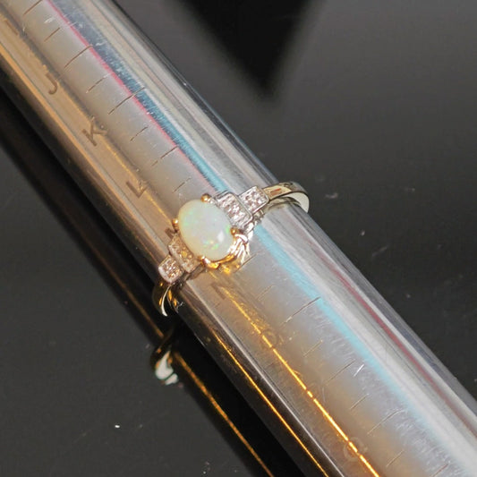 9ct Opal Ring Size M.5 Diamond Yellow Gold 0.33ct White Oval Gemstone