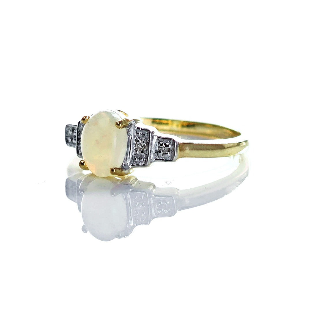 9ct Opal Ring Size M.5 Diamond Yellow Gold 0.33ct White Oval Gemstone