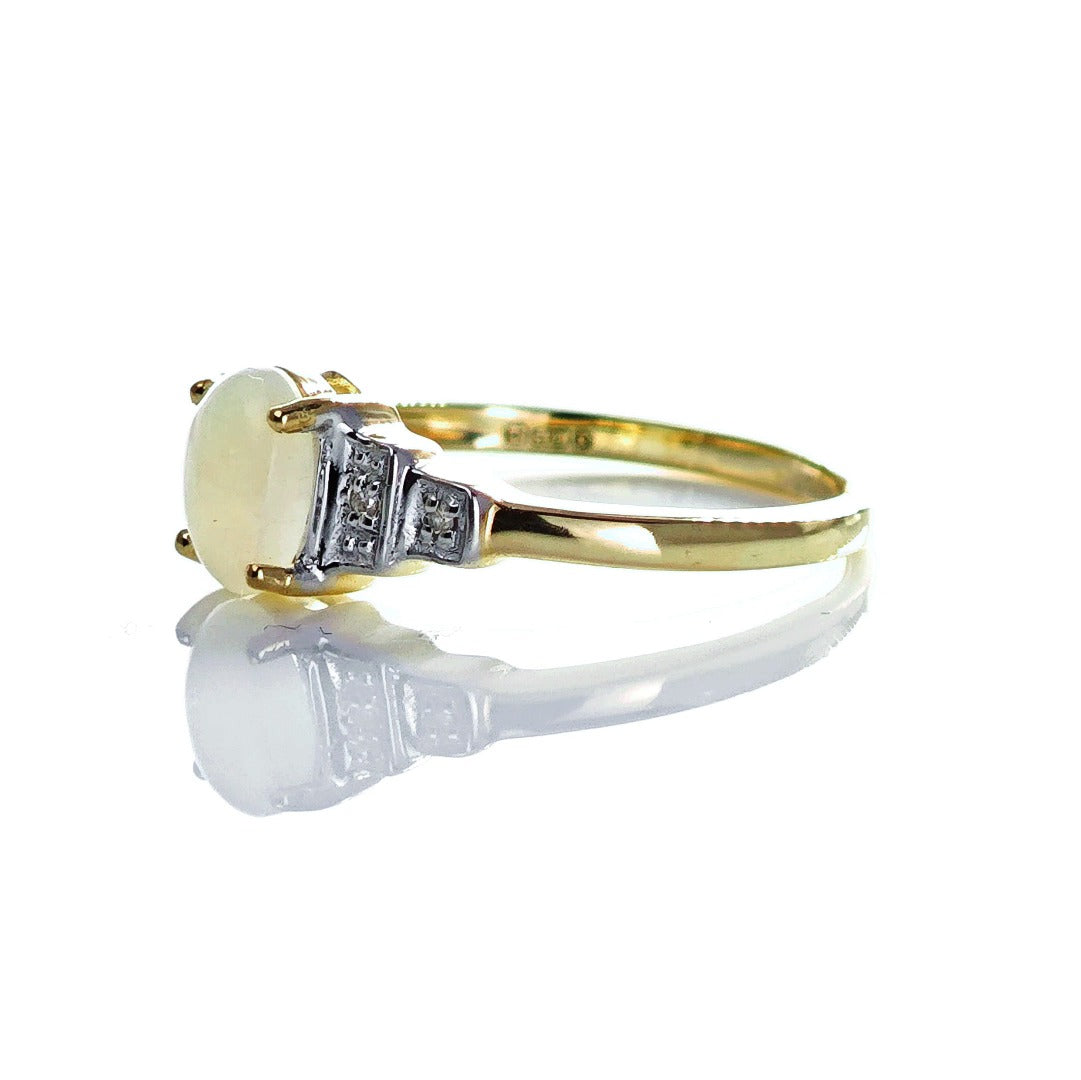 9ct Opal Ring Size M.5 Diamond Yellow Gold 0.33ct White Oval Gemstone