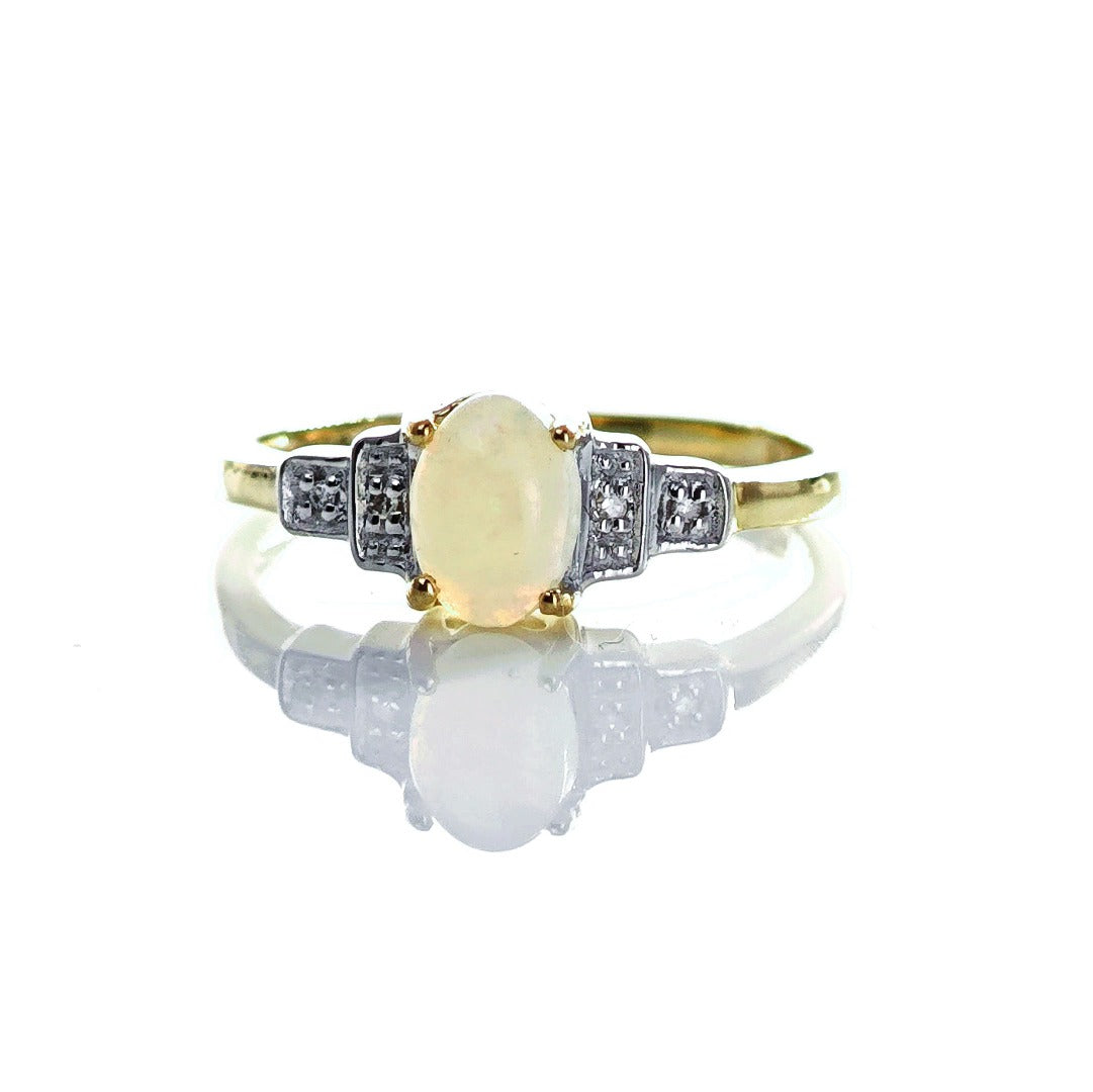 9ct Opal Ring Size M.5 Diamond Yellow Gold 0.33ct White Oval Gemstone