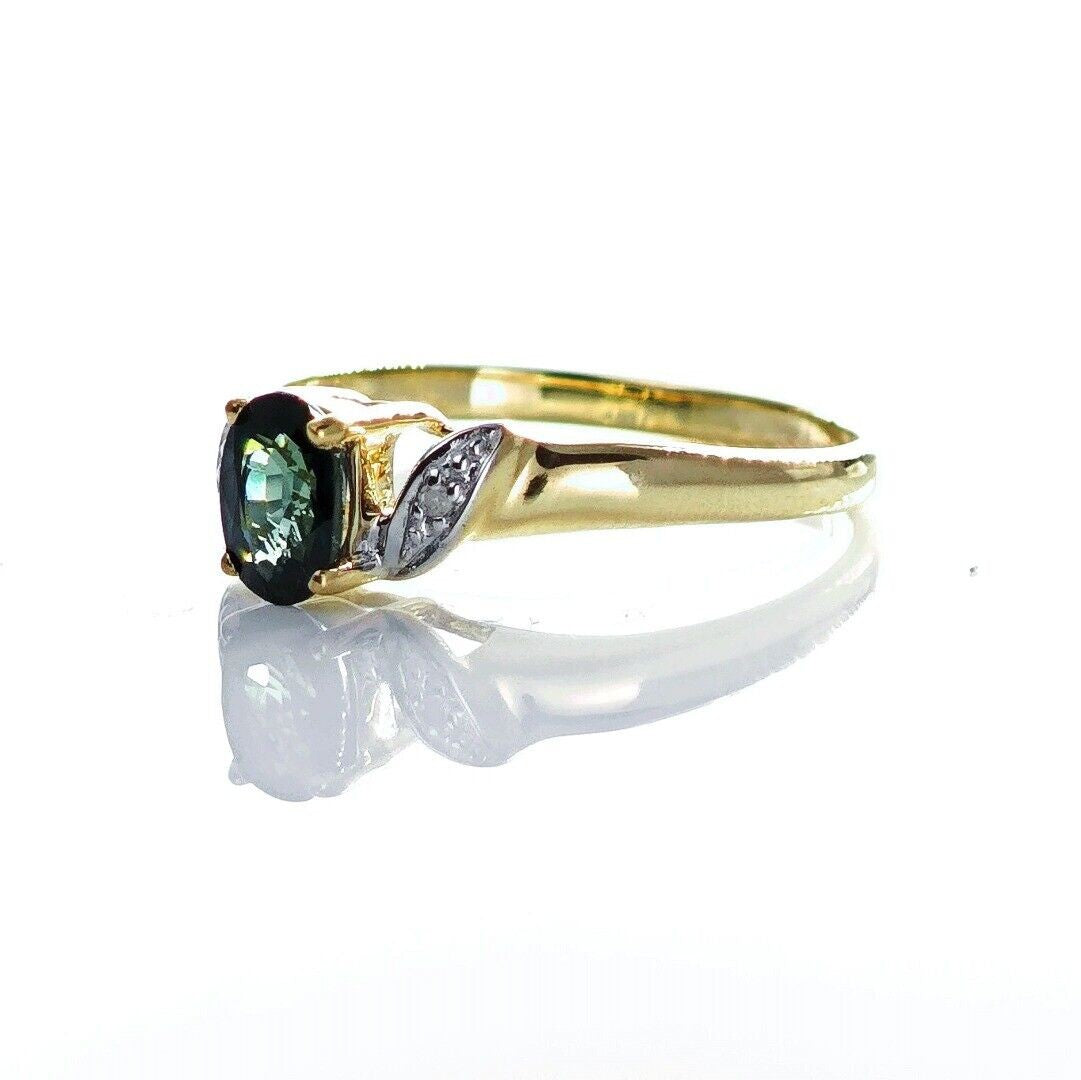 9ct Sapphire Ring Size M.5 Diamond Yellow Gold 0.58ct Blue Oval Gemstone