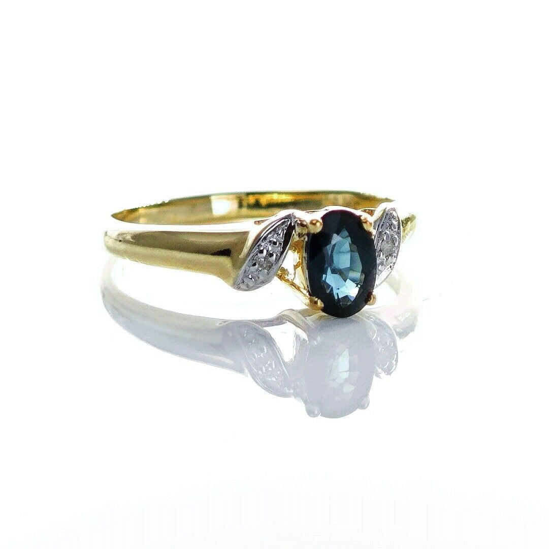 9ct Sapphire Ring Size M.5 Diamond Yellow Gold 0.58ct Blue Oval Gemstone