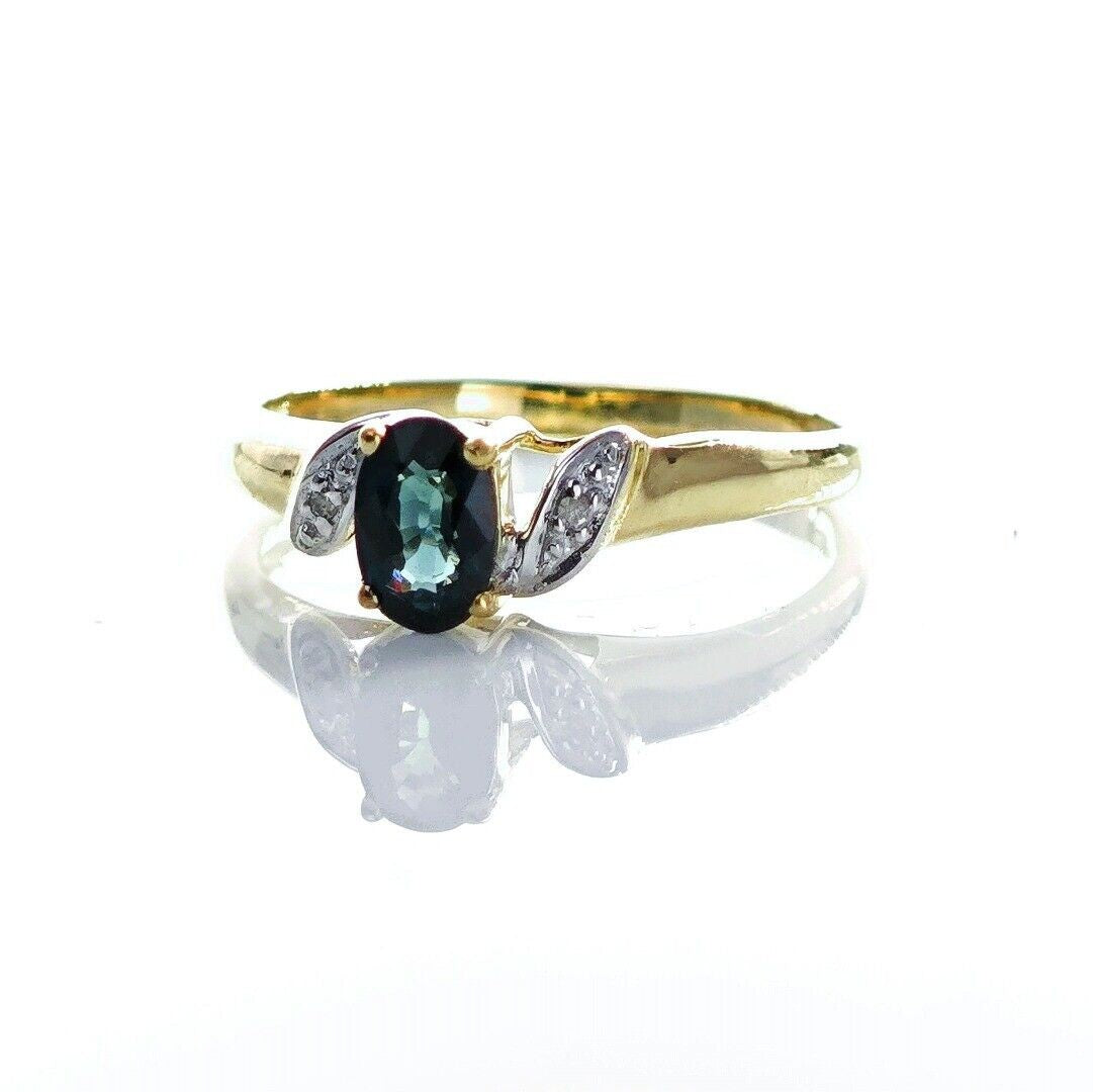 9ct Sapphire Ring Size M.5 Diamond Yellow Gold 0.58ct Blue Oval Gemstone