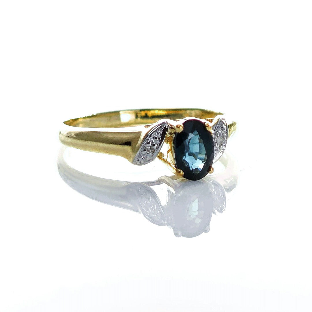 9ct Sapphire Ring Size M.5 Diamond Yellow Gold 0.58ct Blue Oval Gemstone