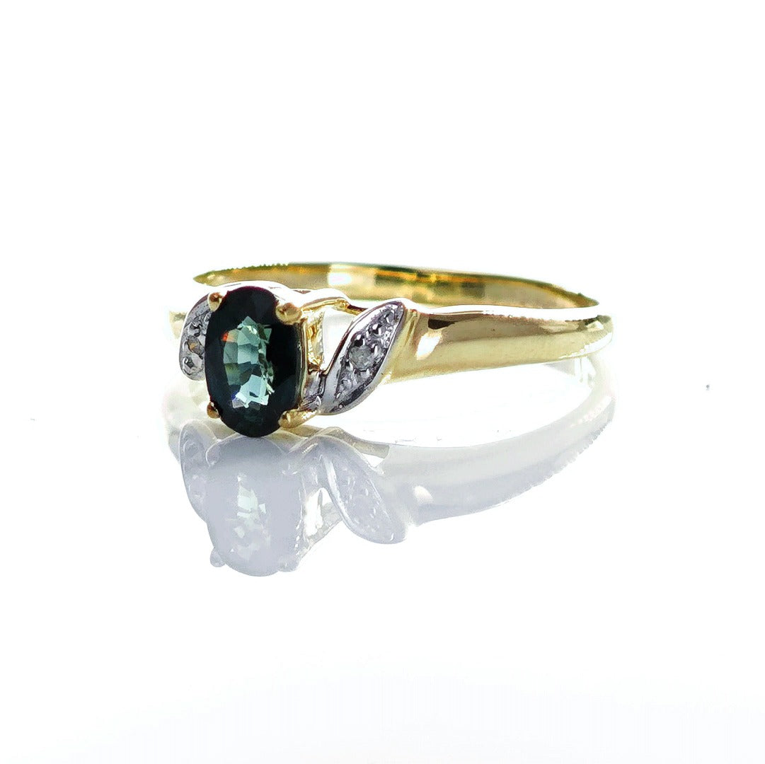9ct Sapphire Ring Size M.5 Diamond Yellow Gold 0.58ct Blue Oval Gemstone