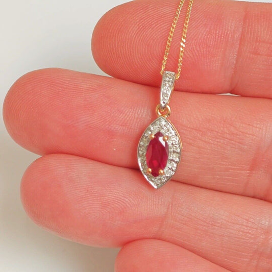 9ct Ruby Necklace Diamonds Yellow Gold 0.56ct Red Marquise Natural Gemstone