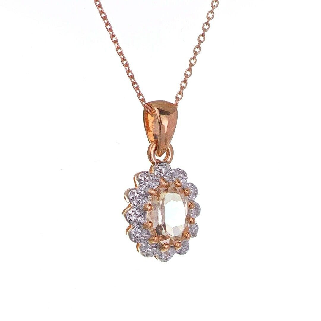 9ct Morganite Necklace Diamonds Rose Gold 0.4ct Pink Oval Natural Gemstone