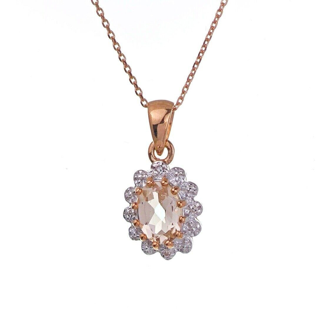 9ct Morganite Necklace Diamonds Rose Gold 0.4ct Pink Oval Natural Gemstone