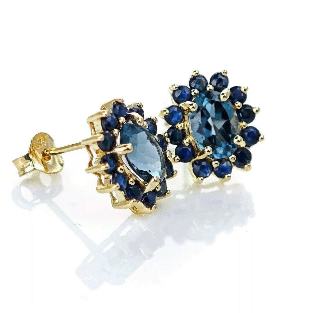 9ct Topaz Sapphire Earrings Gold Studs Natural Treated Blue Gemstones 2.75ct