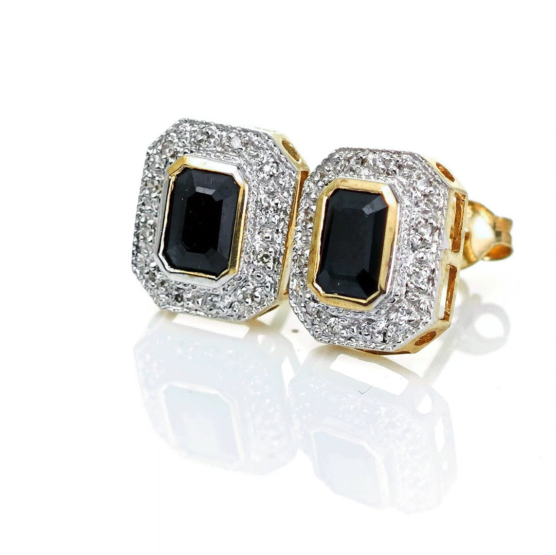 9ct Dark Sapphire Diamond Earrings Gold Studs Natural Gemstones 1.6ct