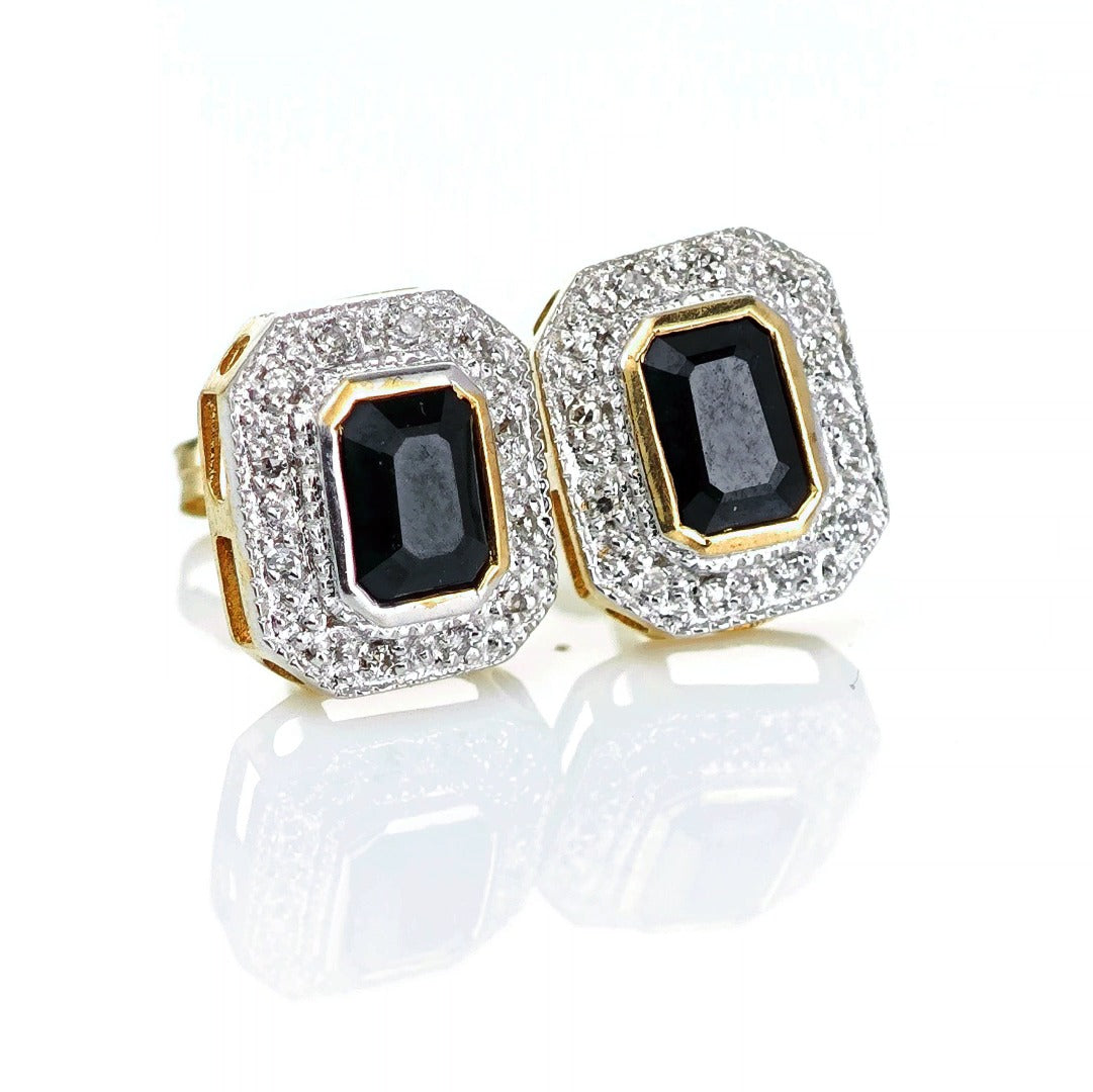 9ct Dark Sapphire Diamond Earrings Gold Studs Natural Gemstones 1.6ct