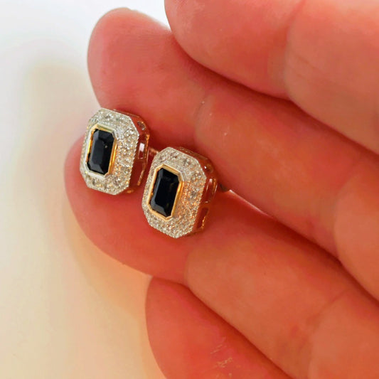 9ct Dark Sapphire Diamond Earrings Gold Studs Natural Gemstones 1.6ct