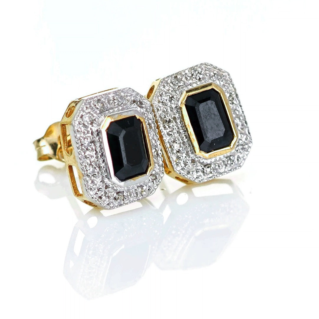 9ct Dark Sapphire Diamond Earrings Gold Studs Natural Gemstones 1.6ct