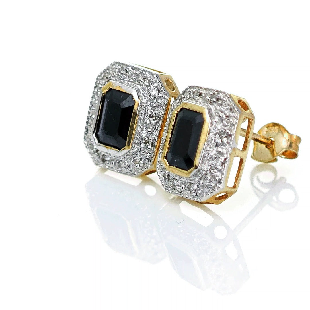 9ct Dark Sapphire Diamond Earrings Gold Studs Natural Gemstones 1.6ct