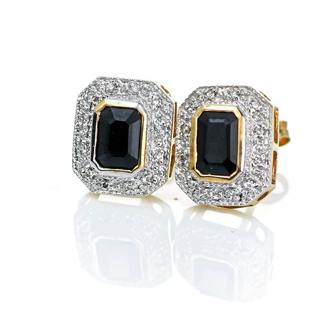 9ct Dark Sapphire Diamond Earrings Gold Studs Natural Gemstones 1.6ct