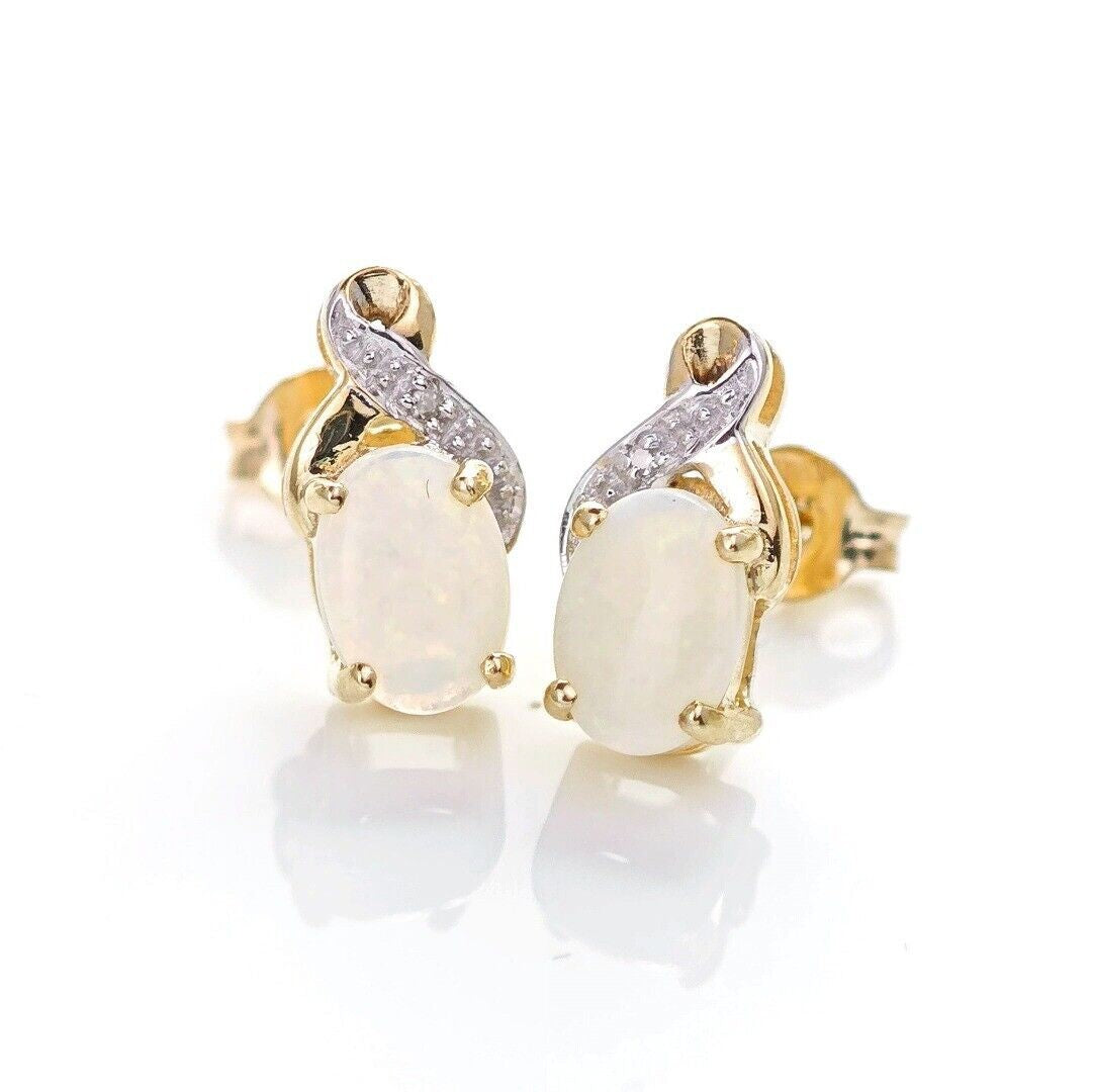 9ct Opal Diamond Earrings Gold Studs Natural White Gemstones 0.88ct