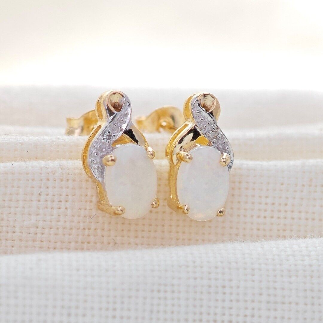9ct Opal Diamond Earrings Gold Studs Natural White Gemstones 0.88ct