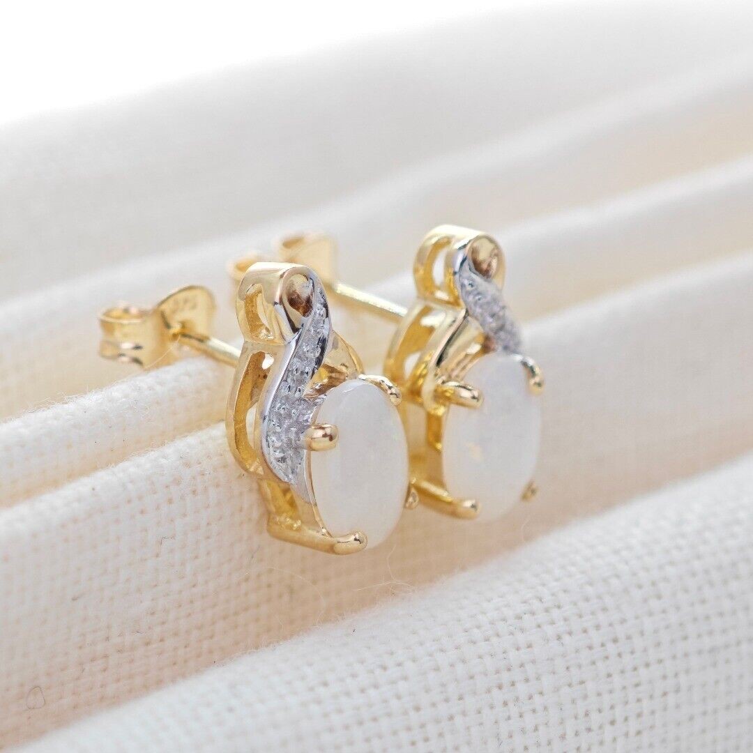 9ct Opal Diamond Earrings Gold Studs Natural White Gemstones 0.88ct