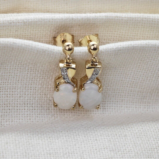 9ct Opal Diamond Drop Earrings Gold Natural White Gemstones 1.38ct