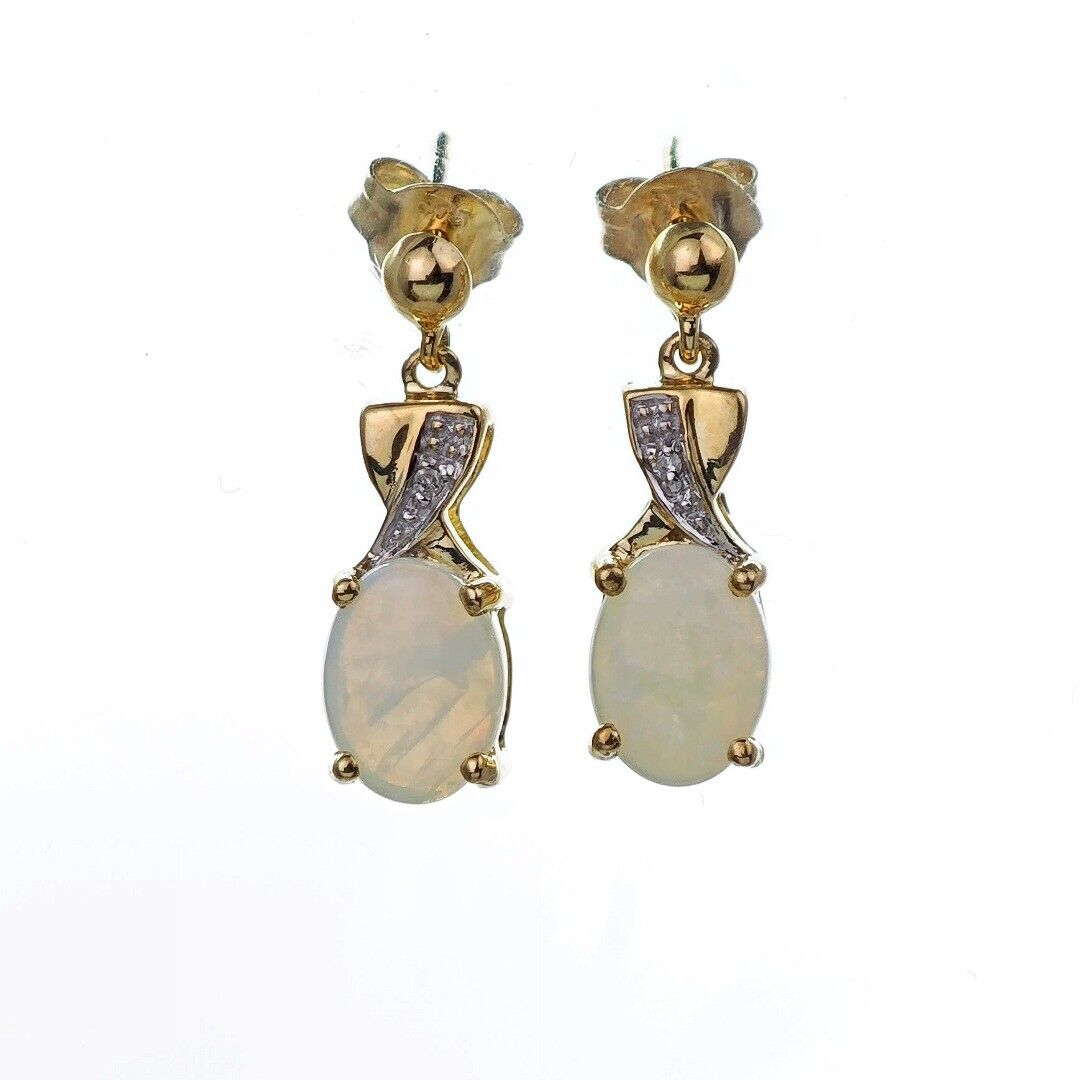 9ct Opal Diamond Drop Earrings Gold Natural White Gemstones 1.38ct