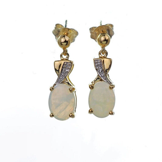9ct Opal Diamond Drop Earrings Gold Natural White Gemstones 1.38ct