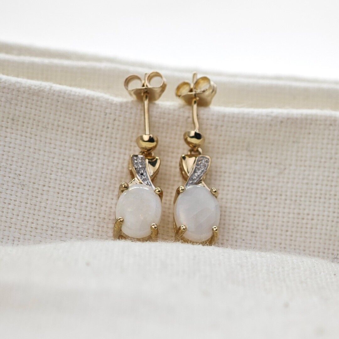 9ct Opal Diamond Drop Earrings Gold Natural White Gemstones 1.38ct