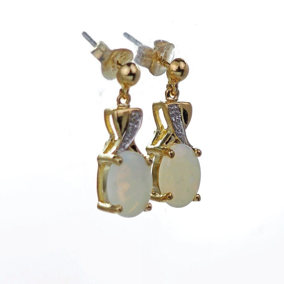 9ct Opal Diamond Drop Earrings Gold Natural White Gemstones 1.38ct