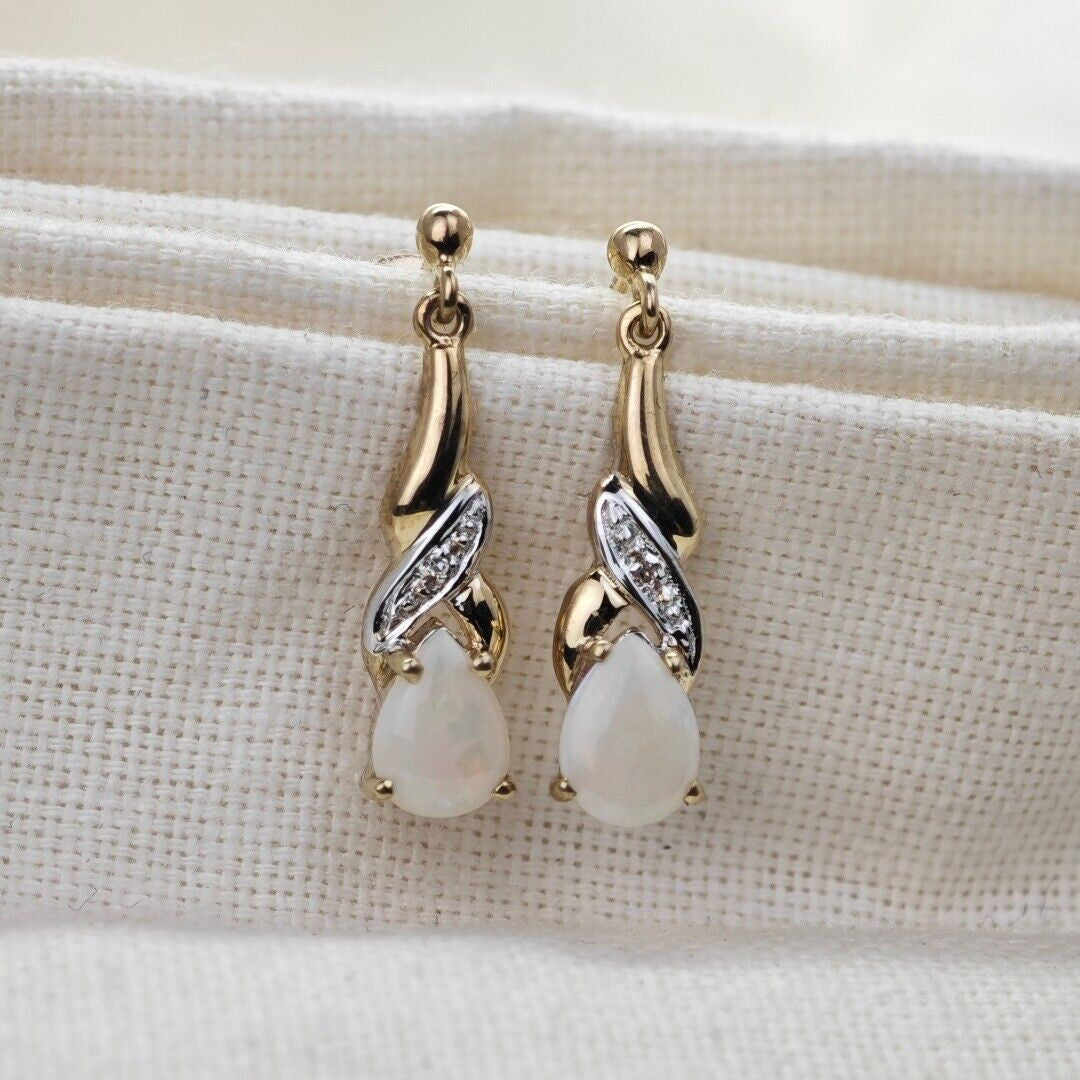 9ct Opal Dangle Earrings Diamond Gold Natural White Gemstones 0.88ct