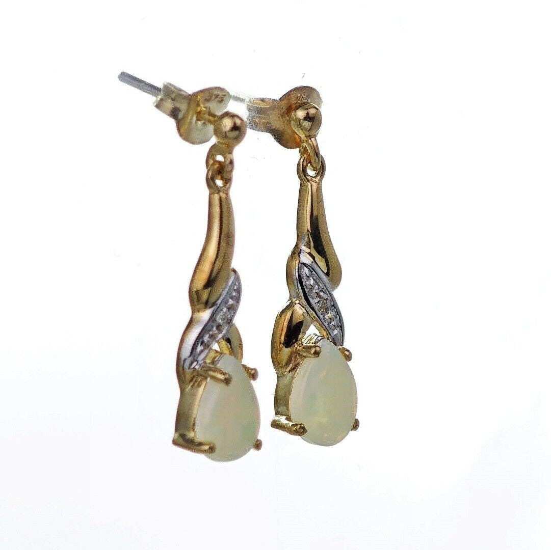 9ct Opal Dangle Earrings Diamond Gold Natural White Gemstones 0.88ct