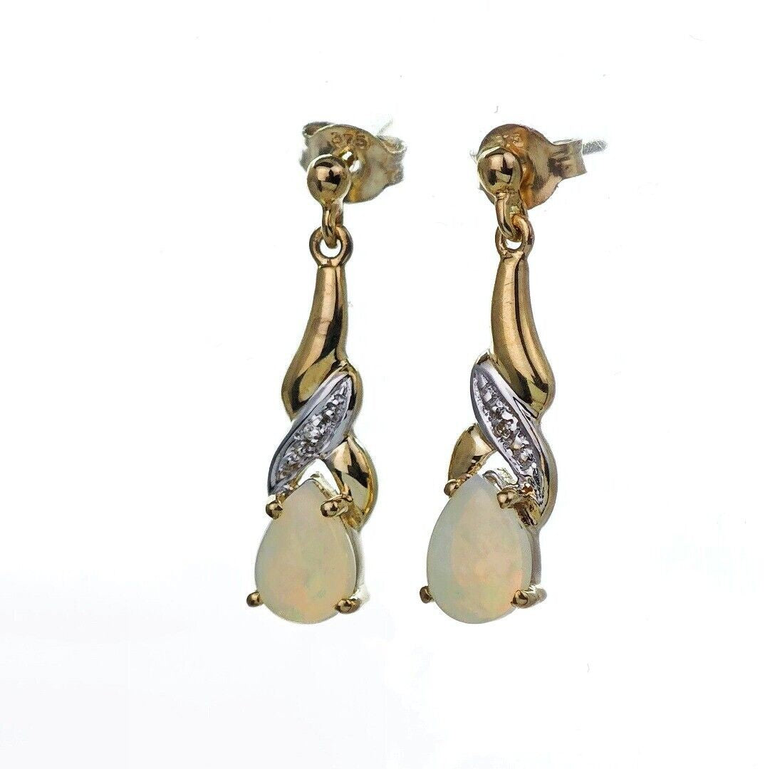 9ct Opal Dangle Earrings Diamond Gold Natural White Gemstones 0.88ct
