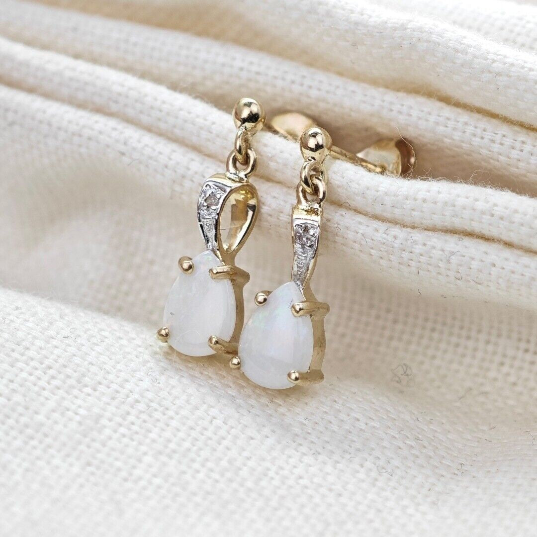 9ct Opal Drop Earrings Gold Diamond Natural White Gemstones 0.75ct Boxed Gift