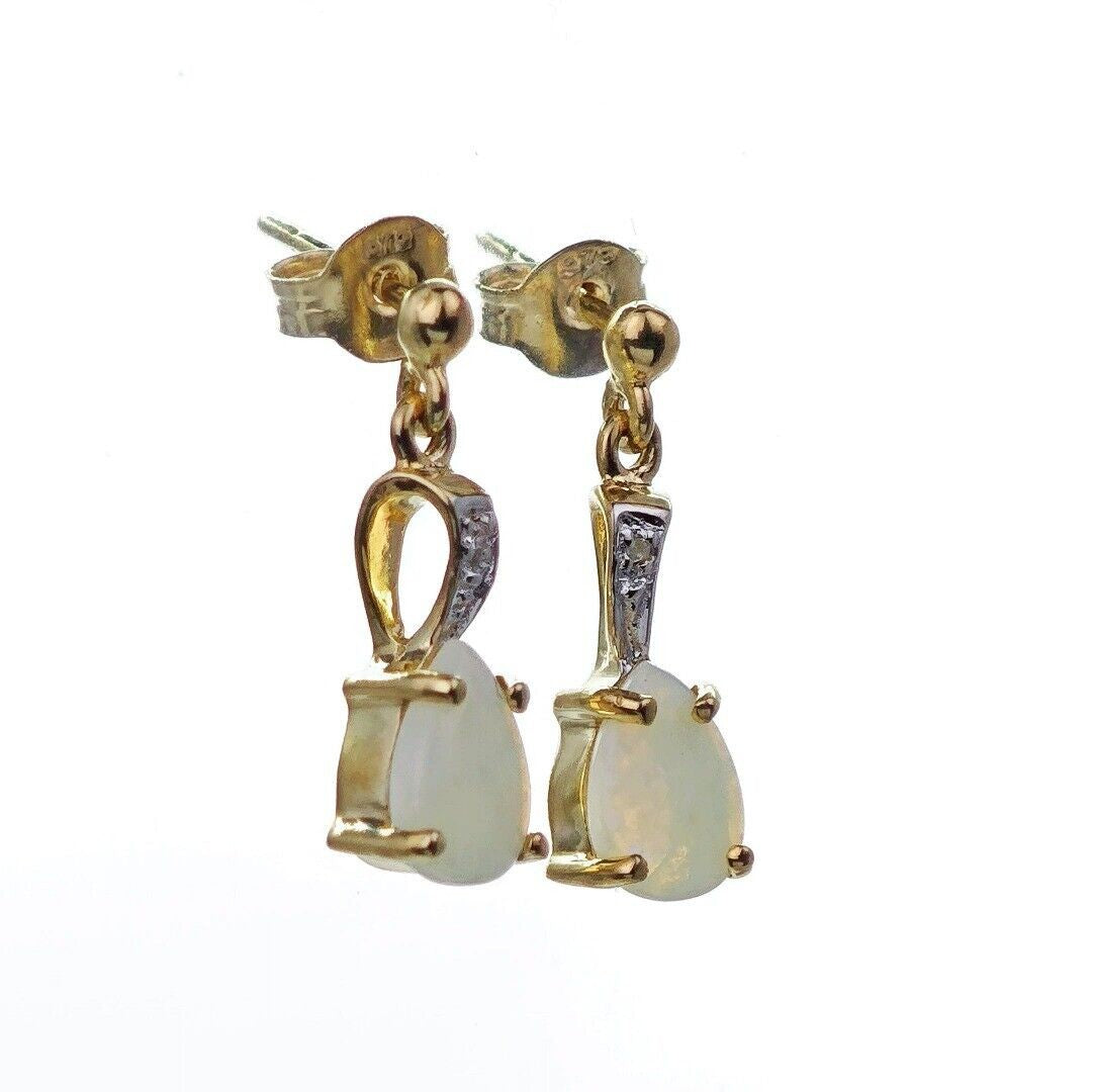 9ct Opal Drop Earrings Gold Diamond Natural White Gemstones 0.75ct Boxed Gift