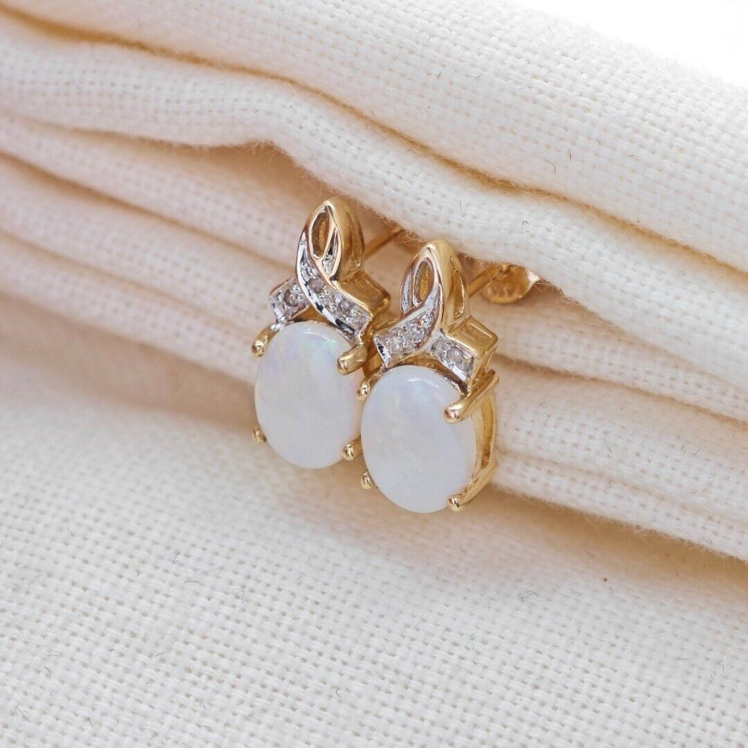 9ct Opal Diamond Earrings Gold Studs Natural White Gemstones1.38ct Boxed Gift
