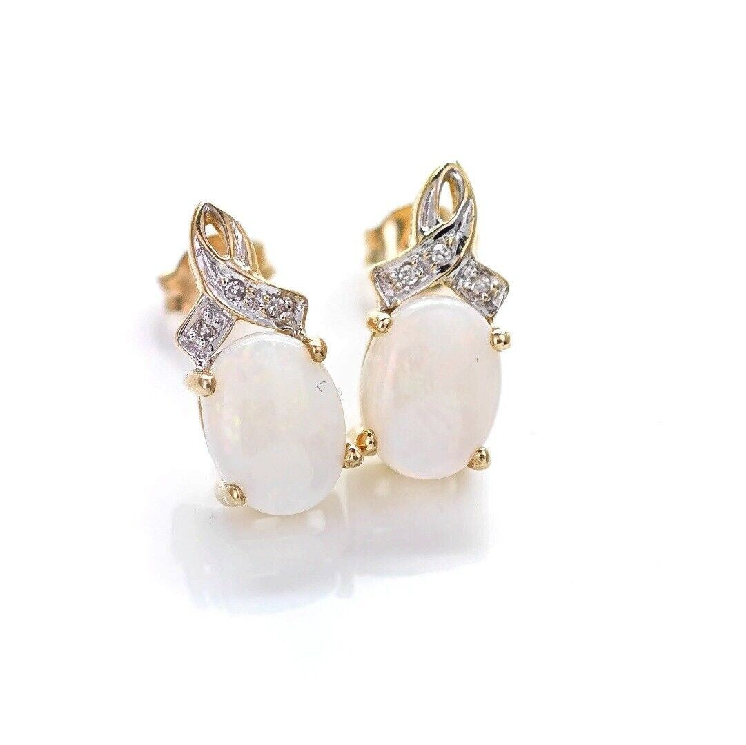 9ct Opal Diamond Earrings Gold Studs Natural White Gemstones1.38ct Boxed Gift