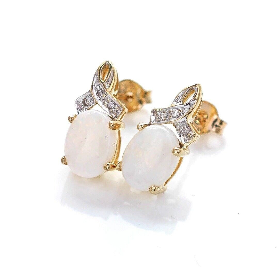 9ct Opal Diamond Earrings Gold Studs Natural White Gemstones1.38ct Boxed Gift
