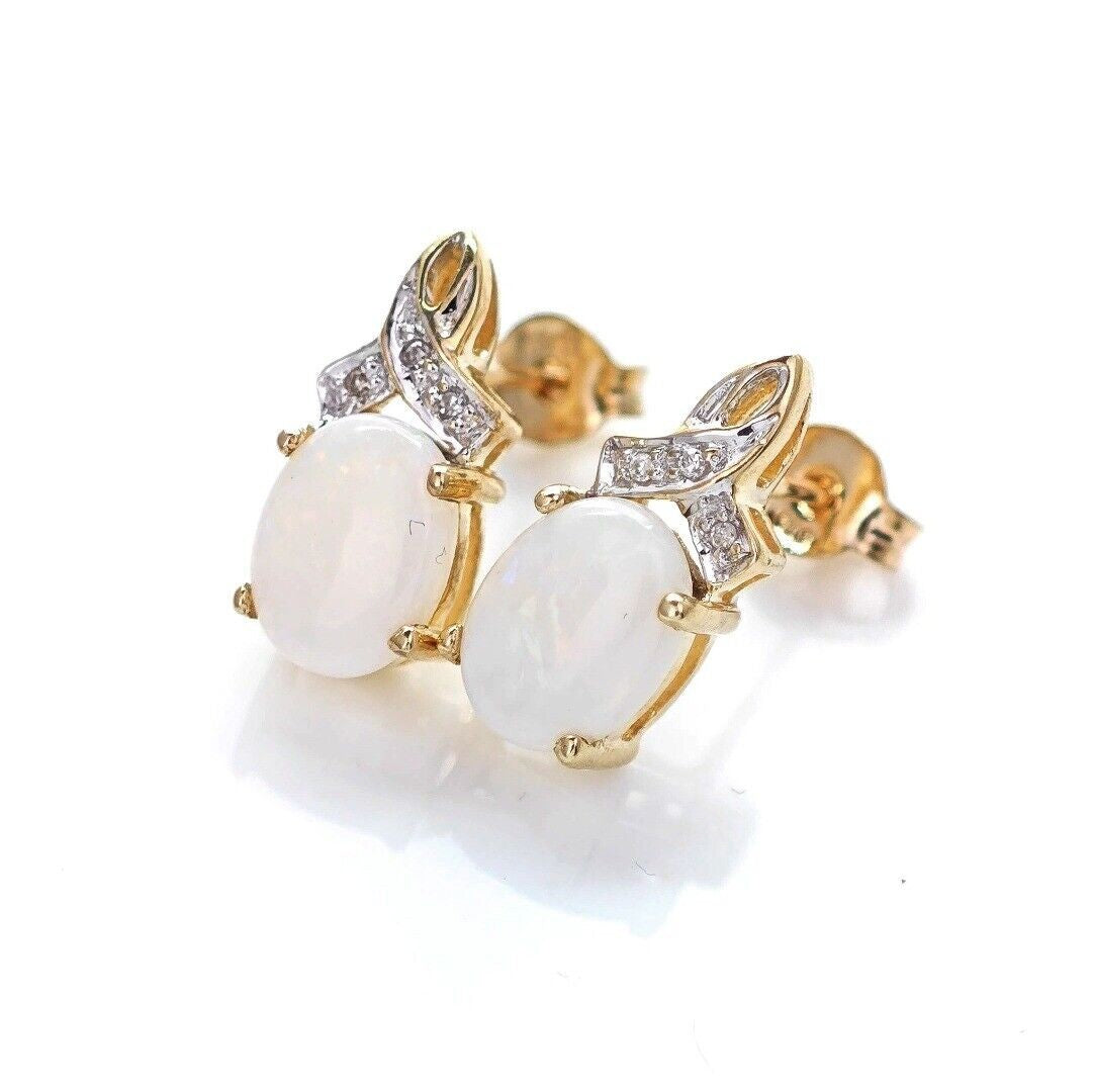 9ct Opal Diamond Earrings Gold Studs Natural White Gemstones1.38ct Boxed Gift