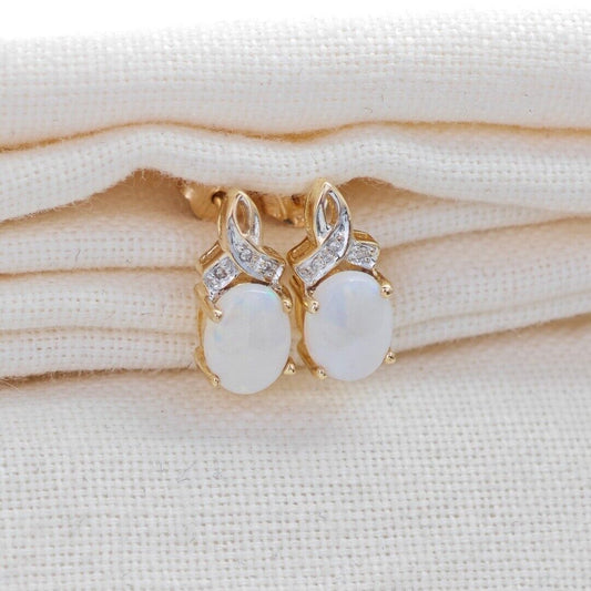 9ct Opal Diamond Earrings Gold Studs Natural White Gemstones1.38ct Boxed Gift