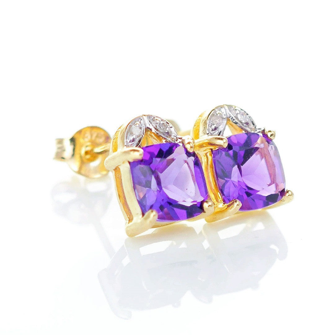 9ct Amethyst  Diamond Earrings Gold Studs Natural Purple Cushion Gemstones1.90ct