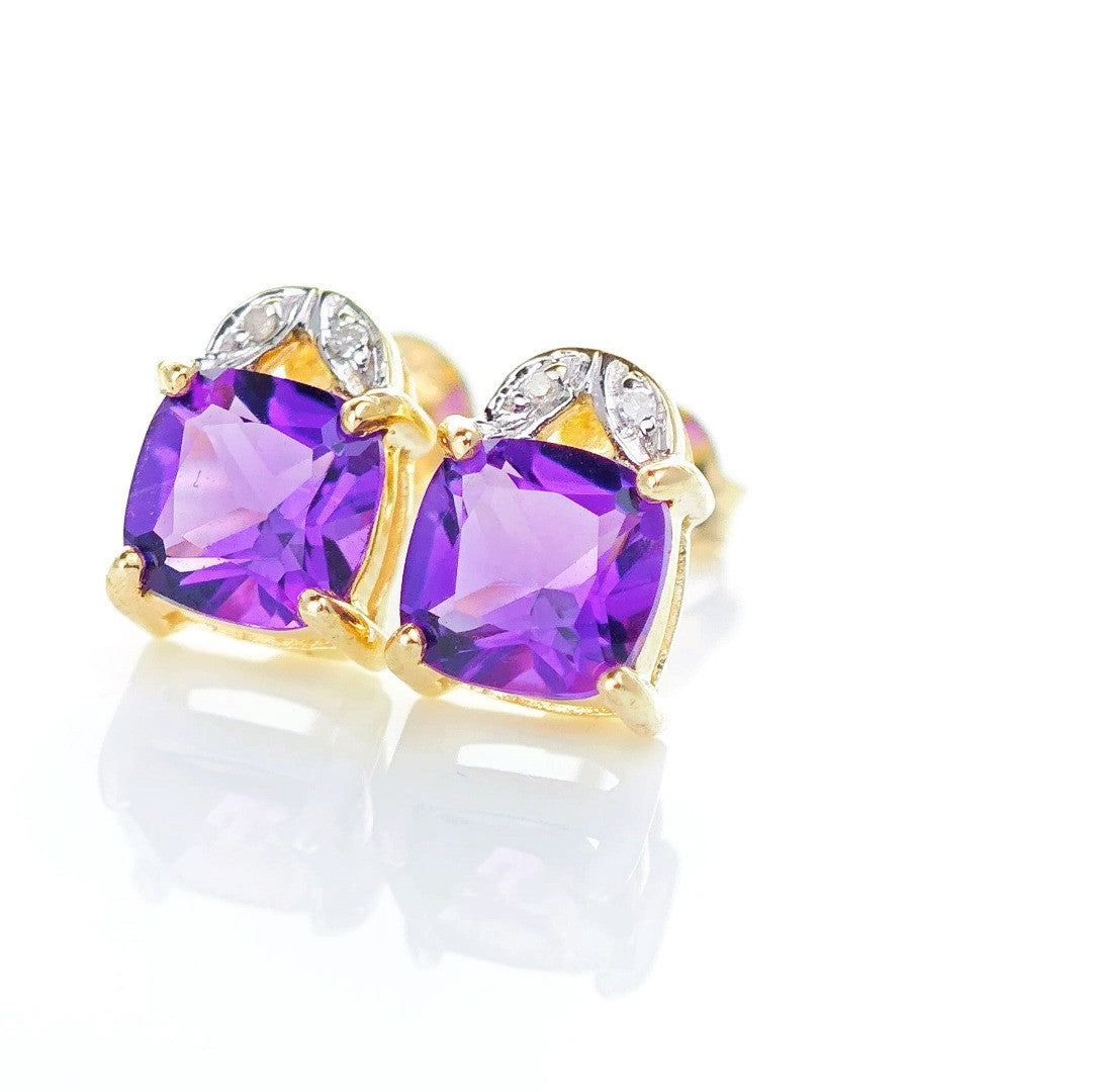 9ct Amethyst  Diamond Earrings Gold Studs Natural Purple Cushion Gemstones1.90ct