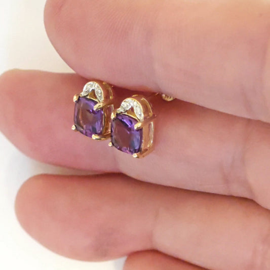 9ct Amethyst  Diamond Earrings Gold Studs Natural Purple Cushion Gemstones1.90ct