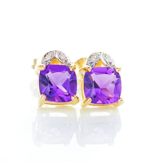 9ct Amethyst  Diamond Earrings Gold Studs Natural Purple Cushion Gemstones1.90ct