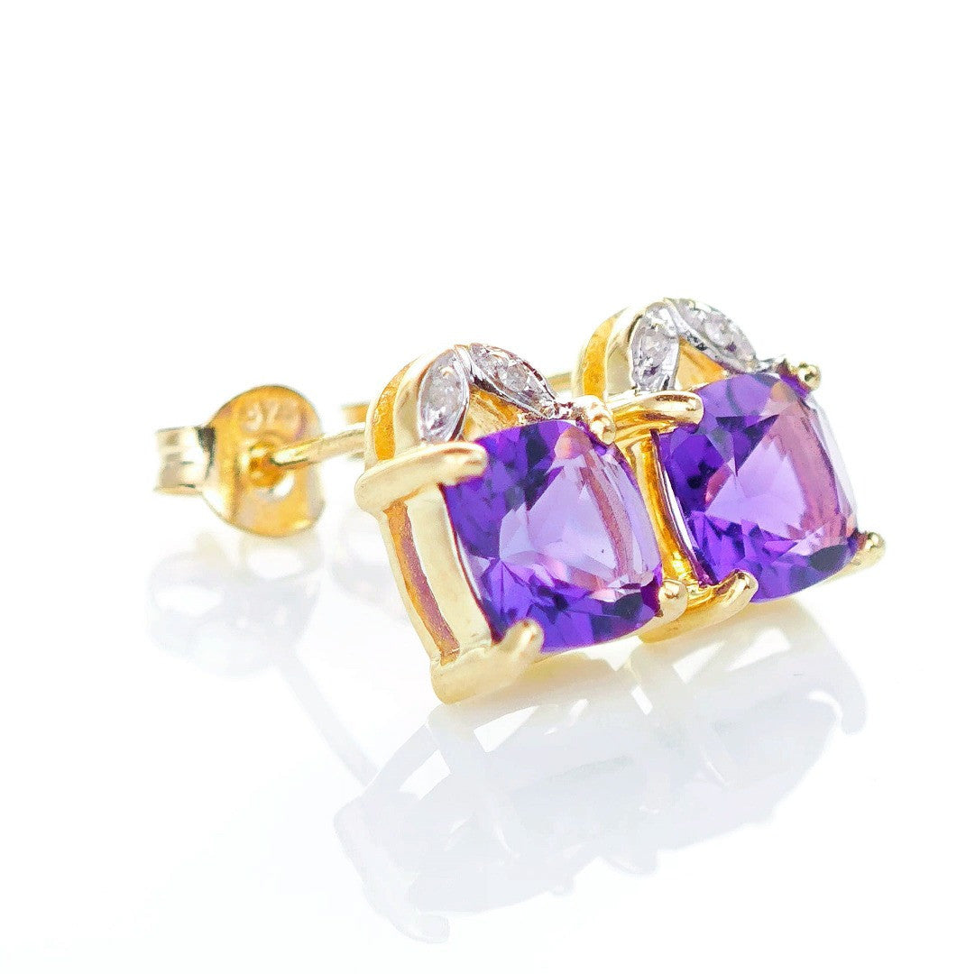 9ct Amethyst  Diamond Earrings Gold Studs Natural Purple Cushion Gemstones1.90ct