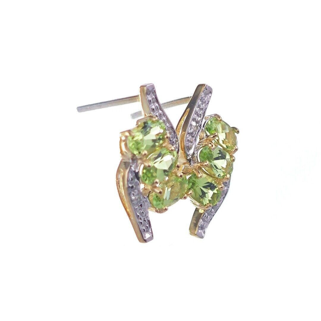 9ct Peridot Diamond Earrings Gold Trilogy Studs Natural Green Gemstones 2.58ct