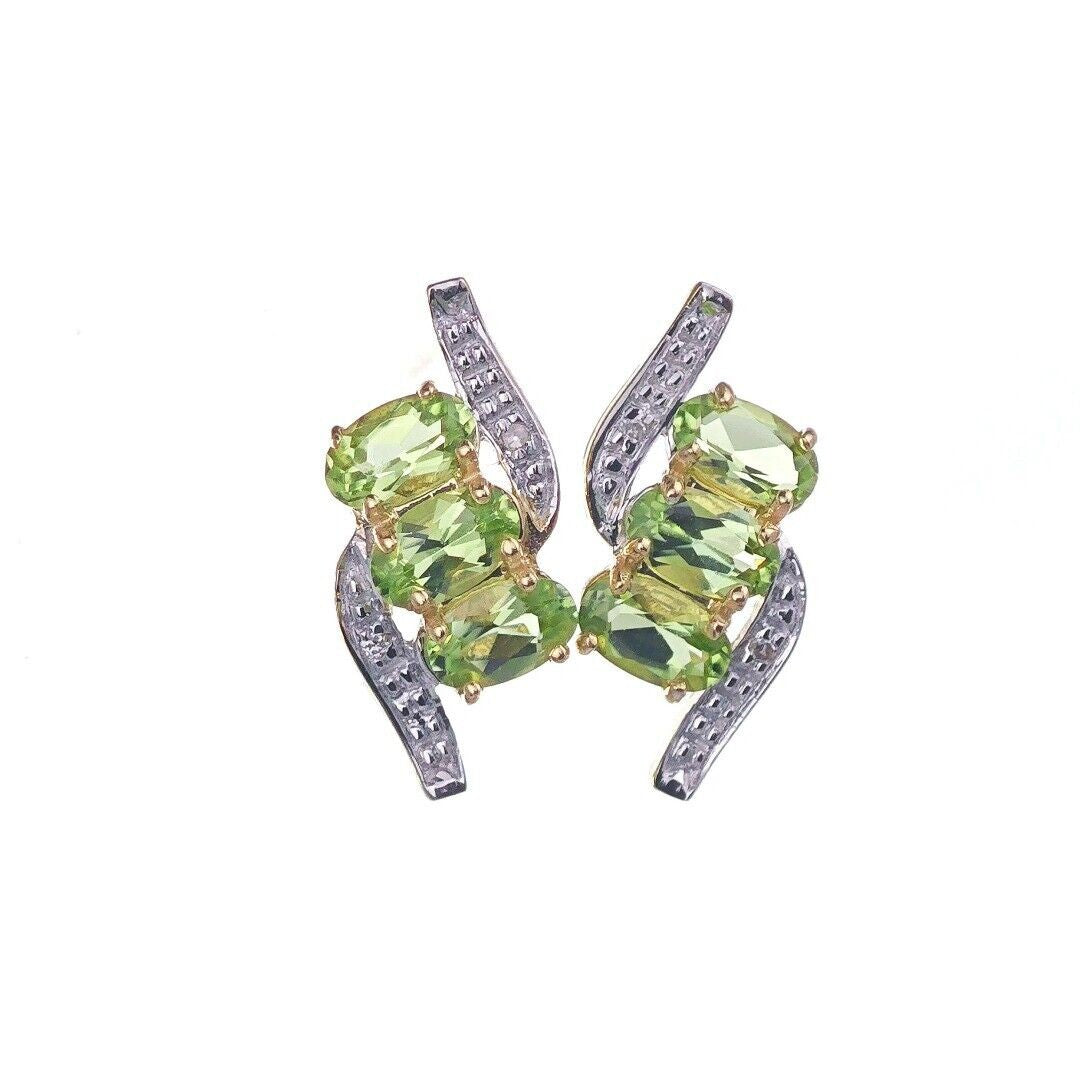 9ct Peridot Diamond Earrings Gold Trilogy Studs Natural Green Gemstones 2.58ct