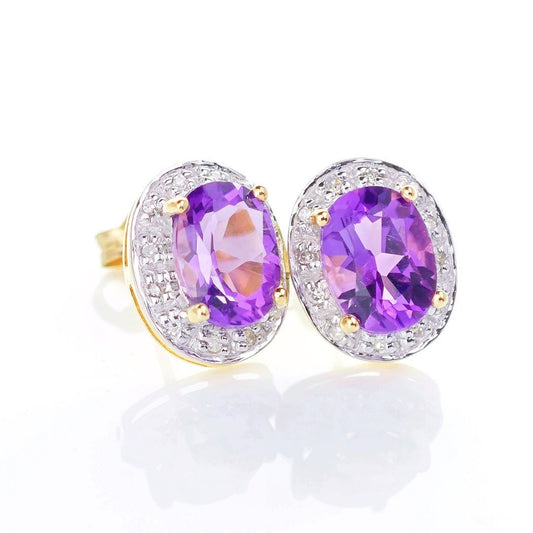 9ct Amethyst Diamond Earrings Gold Studs Natural Purple Oval Gemstones 2.20ct
