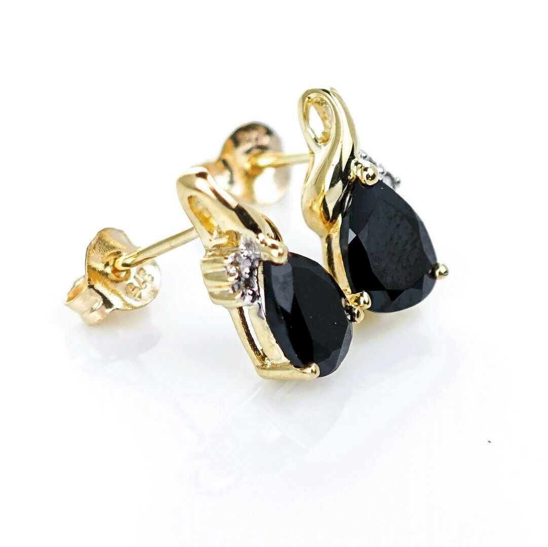 9ct Black Onyx Diamond Earrings Gold Studs Natural Gemstones 1.5ct