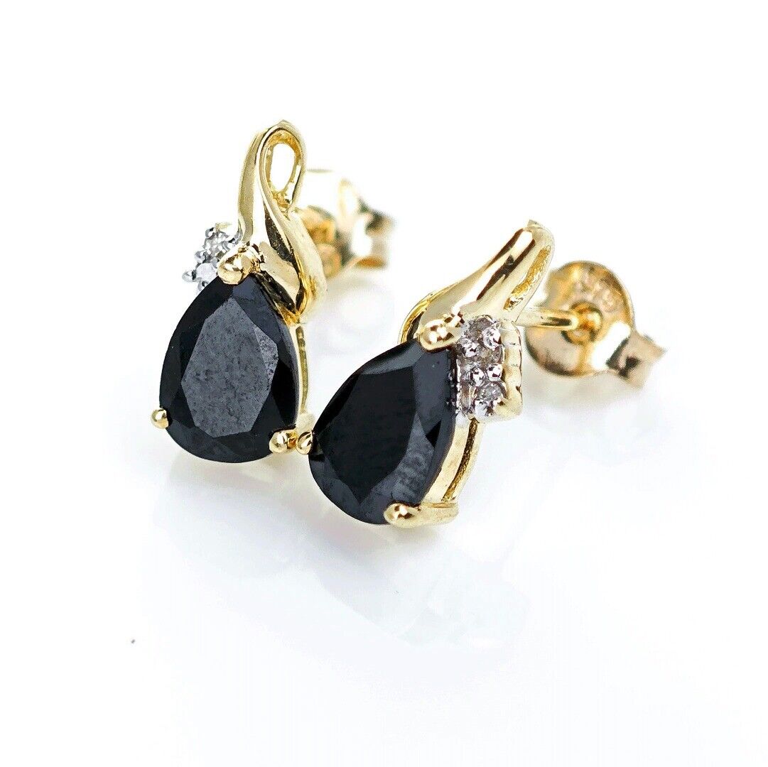 9ct Black Onyx Diamond Earrings Gold Studs Natural Gemstones 1.5ct