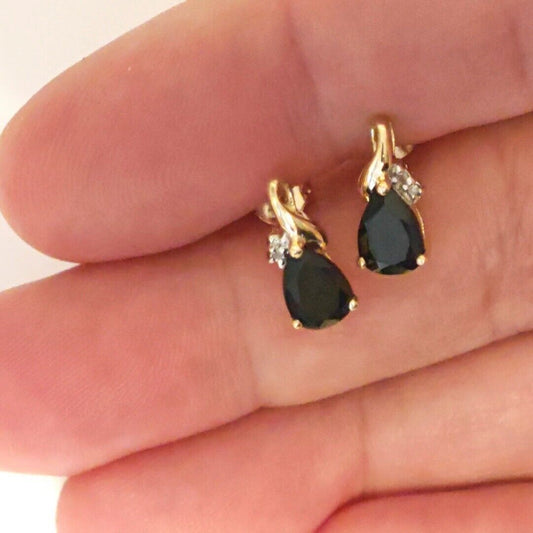 9ct Black Onyx Diamond Earrings Gold Studs Natural Gemstones 1.5ct