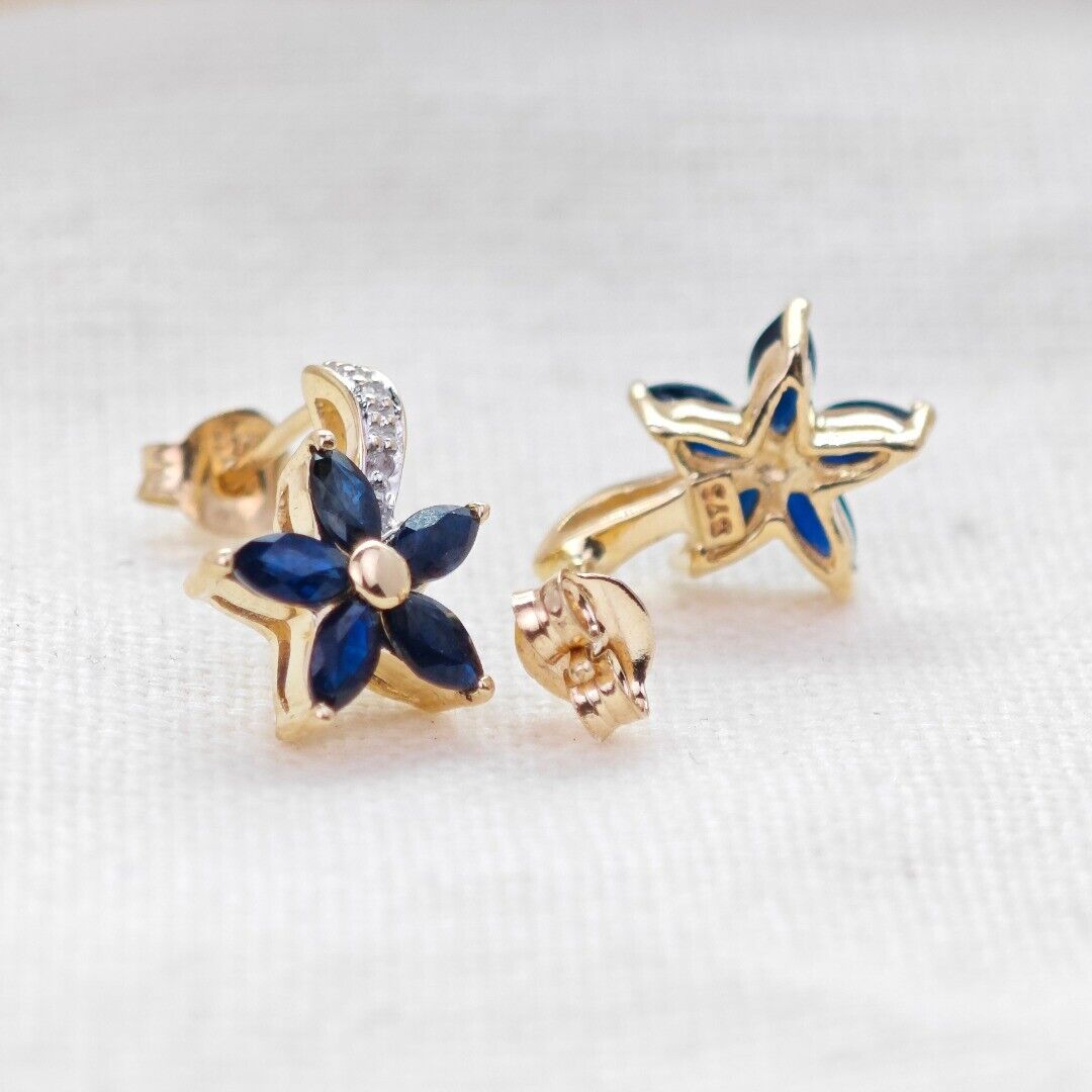 9ct Sapphire Diamond Earrings Gold Flower Studs Natural Blue Gemstones 0.88ct